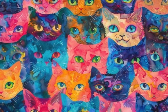 Colorful Cat Collage: Elevating Digital Spaces with Whimsical Watercolor Art