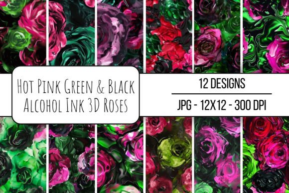 Evaluating Hot Pink Green Black Alcohol Ink Roses for Digital Design Projects