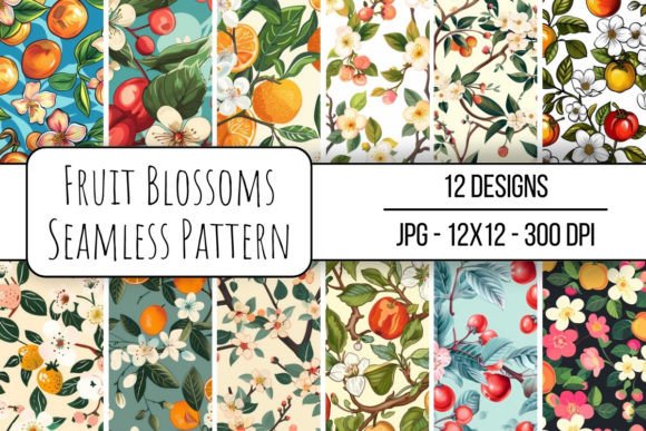 Fruit Blossoms Seamless Pattern: 12 Digital Backgrounds