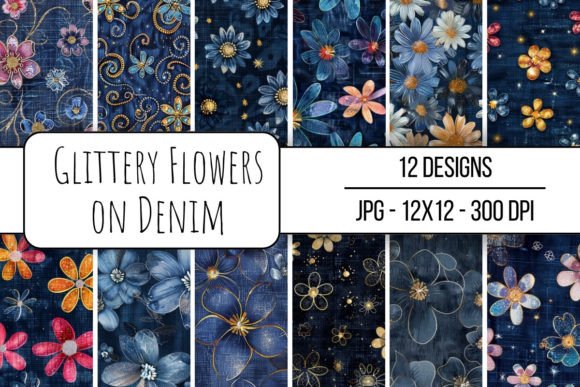 Glittery Flowers on Denim Pattern
