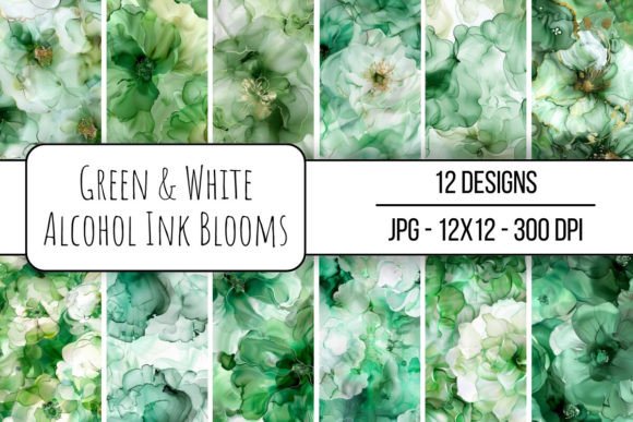 Green White Alcohol Ink Blooms: A Digital Design Resource