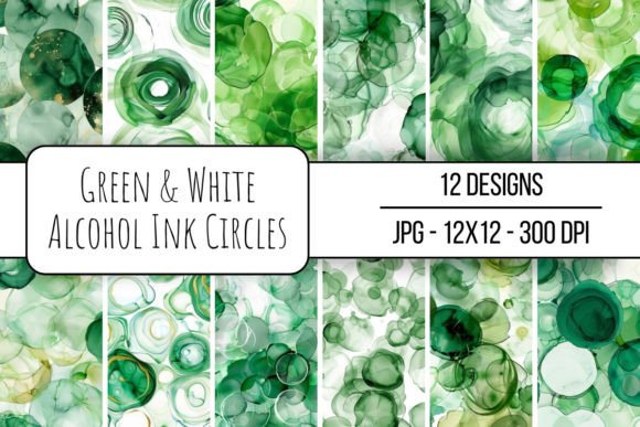 Green White Alcohol Ink Circles: Premium Digital Backgrounds