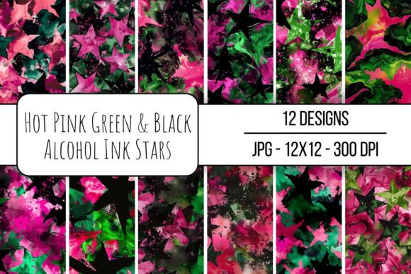 Hot Pink Green Black Alcohol Ink Stars