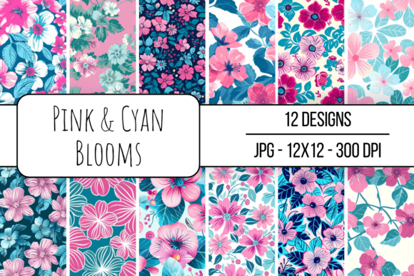 Pink Cyan Blooms Seamless Pattern