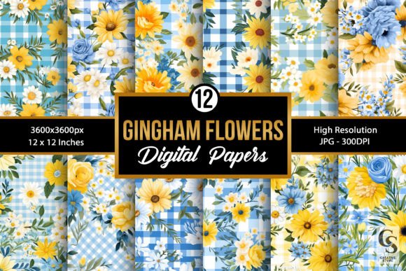 Summer Gingham Flowers Digital Papers