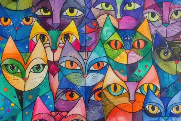 Transform Your Space with a Vibrant Colorful Cat Faces Mural