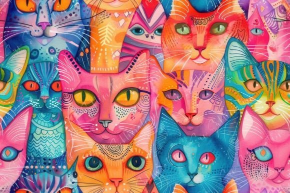 Vibrant Colorful Cat Portraits Seamless Pattern